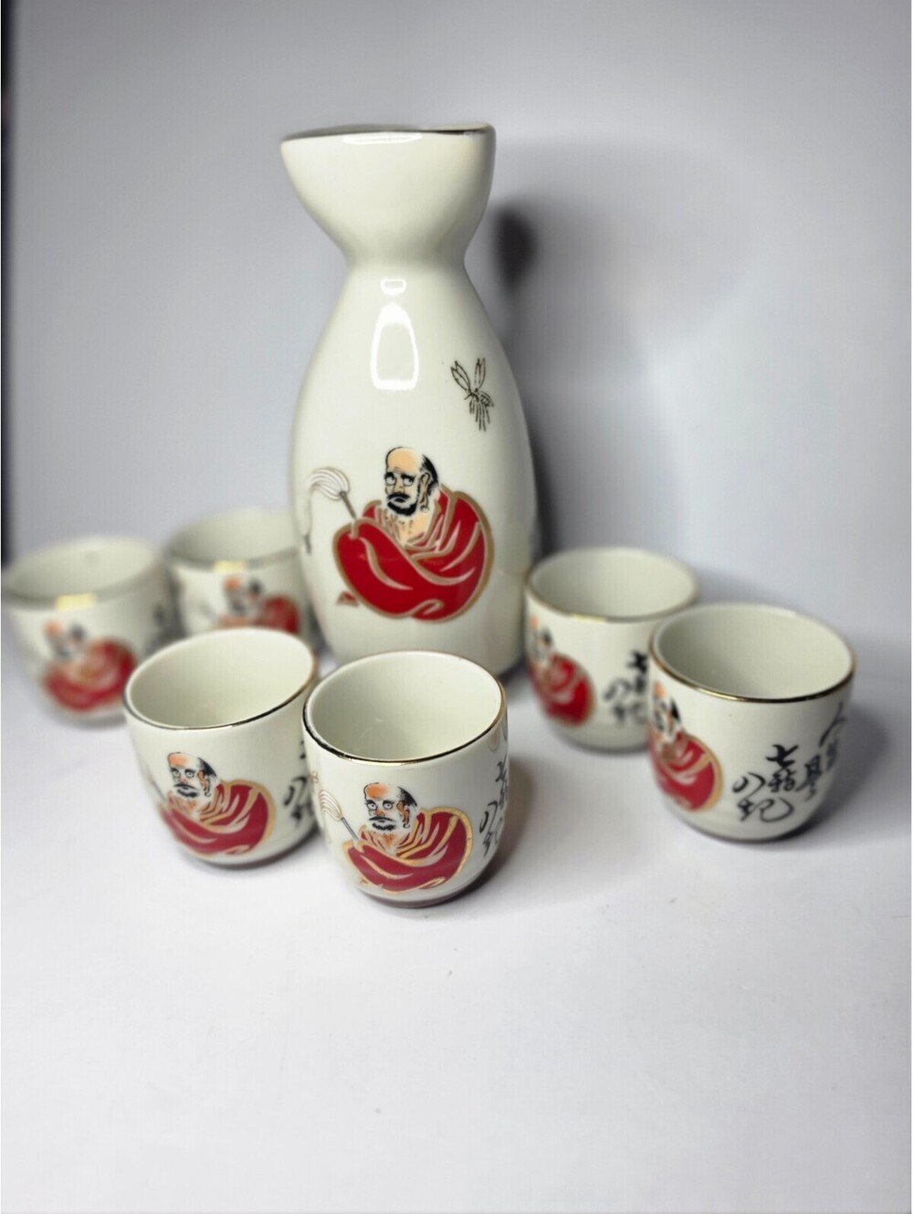 VTG Japanese Kutani Porcelain Daruma Sake Set 1 Tokkuri Bottle 6 Ochoko Cups